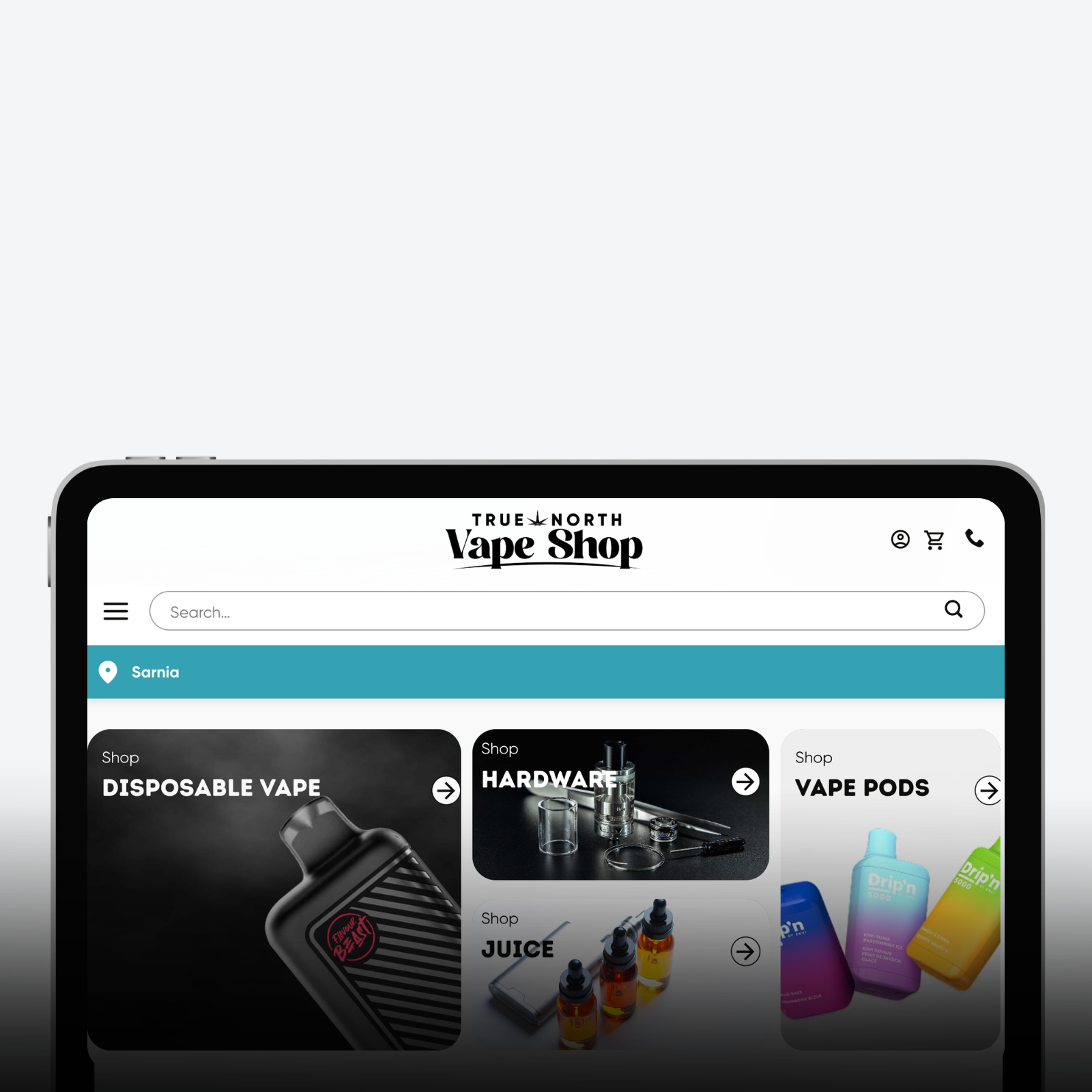 Desktop and mobile mockup of the Enterprise eCommerce Rollout for True North Vape Shop omnichannel e-commerce website interface.