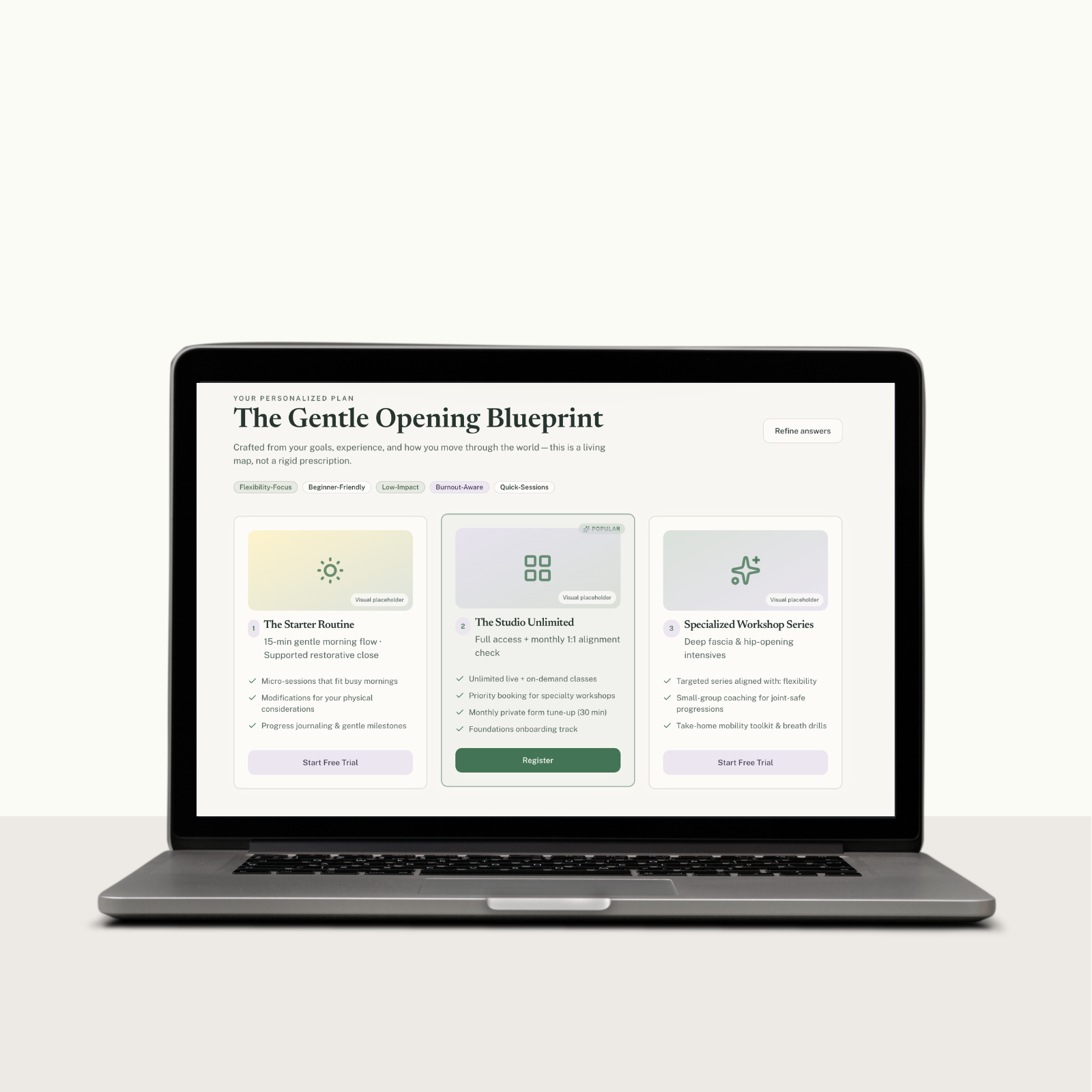 High-fidelity UI for Prana Grove, a wellness app developed through AI-orchestrated prototyping.