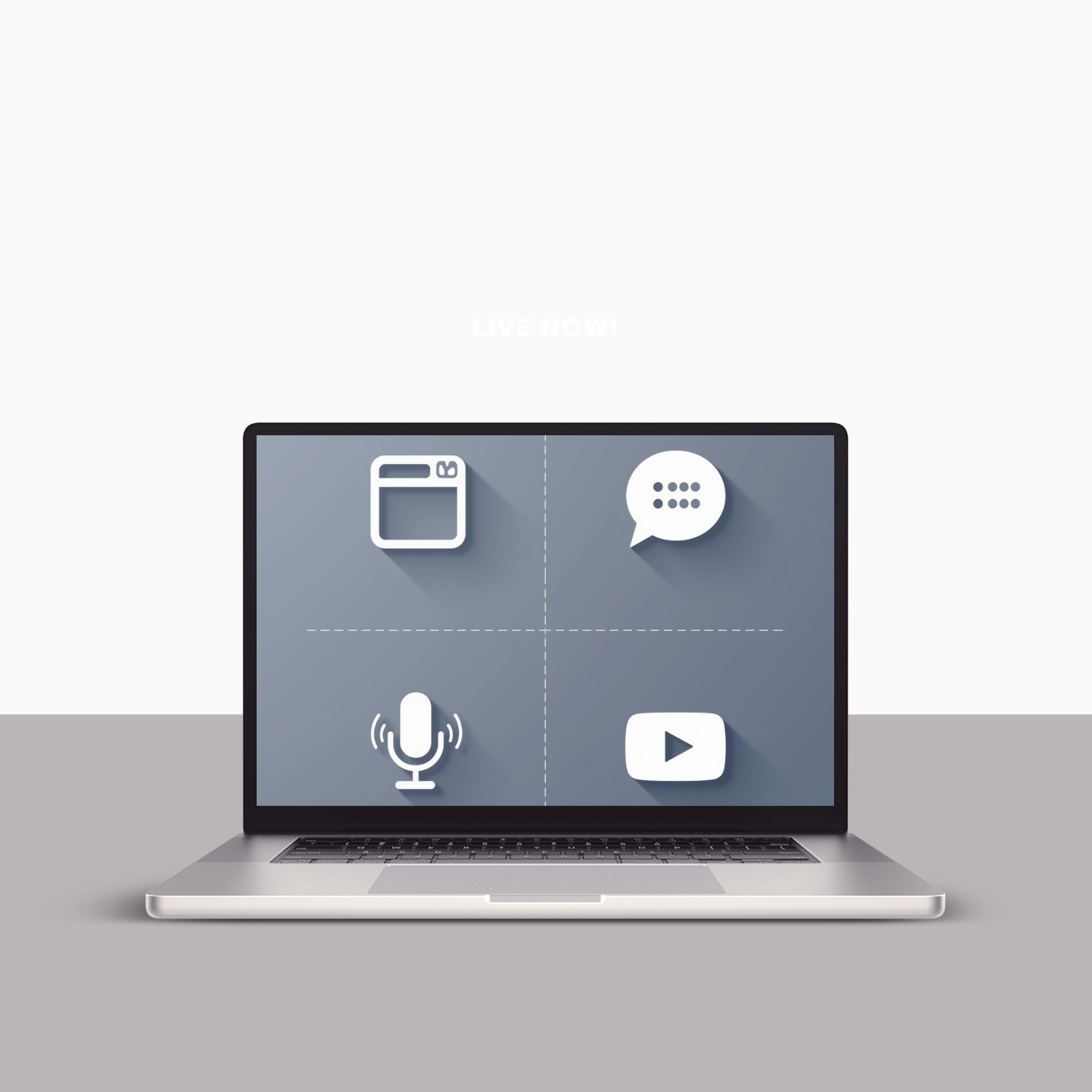 Laptop mockup showcasing four quadrants representing cross-channel marketing campaigns across Instagram Reels, WhatsApp, podcasts, and YouTube.