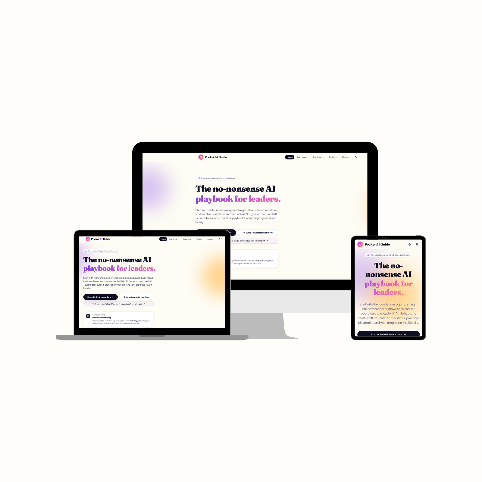 A high-resolution screenshot of the Pocket AI Guide, a specialized ai toolkit for non coders, displaying the personalized onboarding quiz and professional dark mode UI.