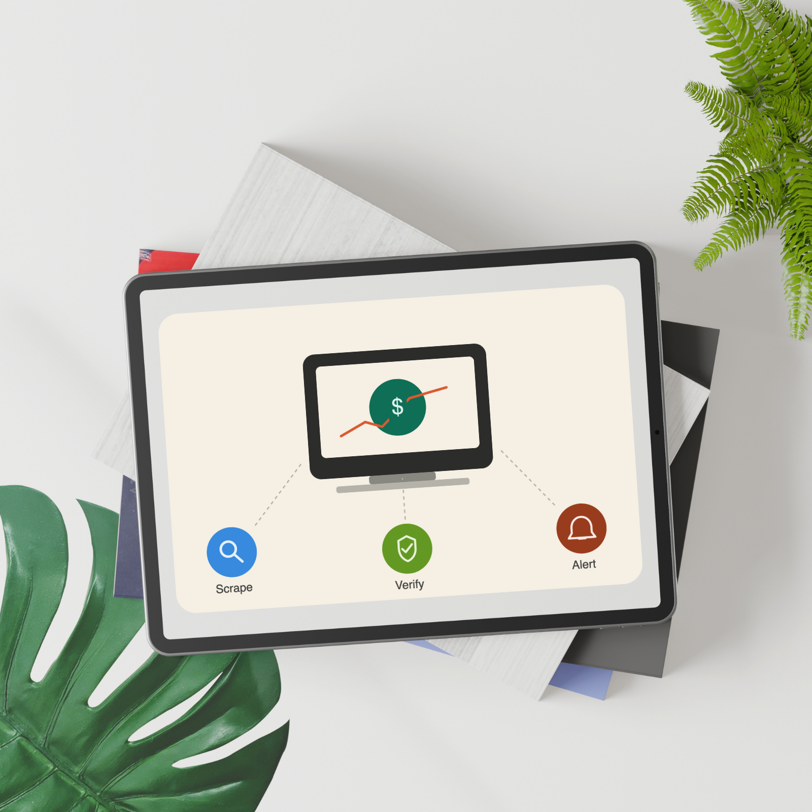 Price tracker dashboard illustration on tablet showing scrape, verify, and alert stages with price trend icon